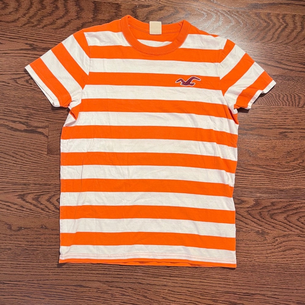 y2k vintage hollister men's orange & white striped t shirt small
